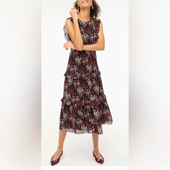 NWT NEW J Crew Sleeveless floral ruffle tiered maxi dress black - Picture 5 of 7
